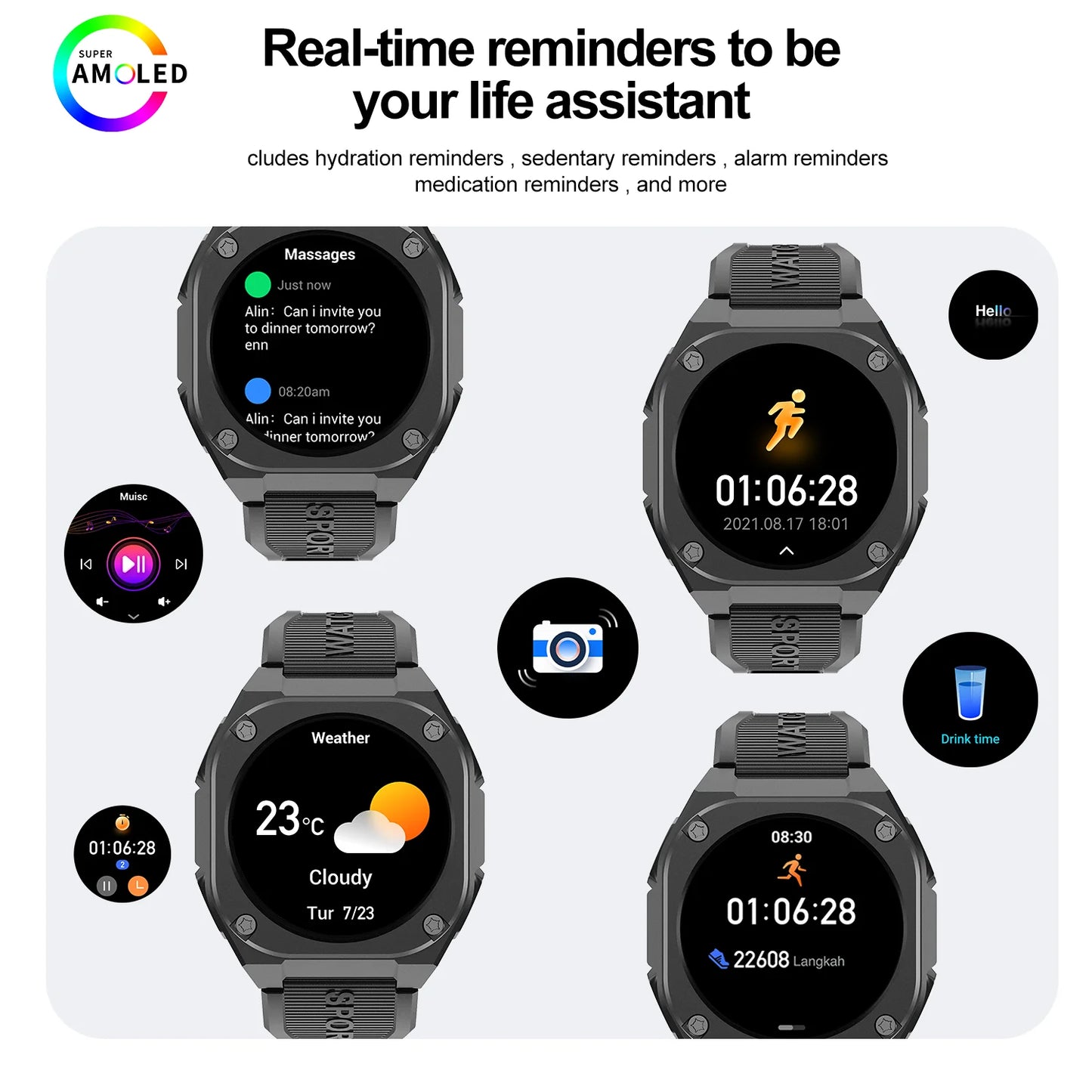 IP68 Waterproof AMOLED SCREEN Smart Sport Watch with 300mAh Battery Wireless Call for Man Woman