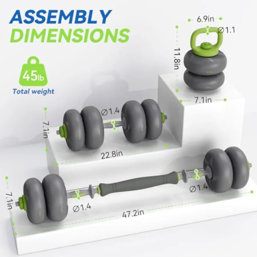 Adjustable Dumbbell Set Soft PVC Coated s/s Free Weight Set Home Gym 4-in-1 Used As Barbell Dumbbells Kettlebell Weight Plates