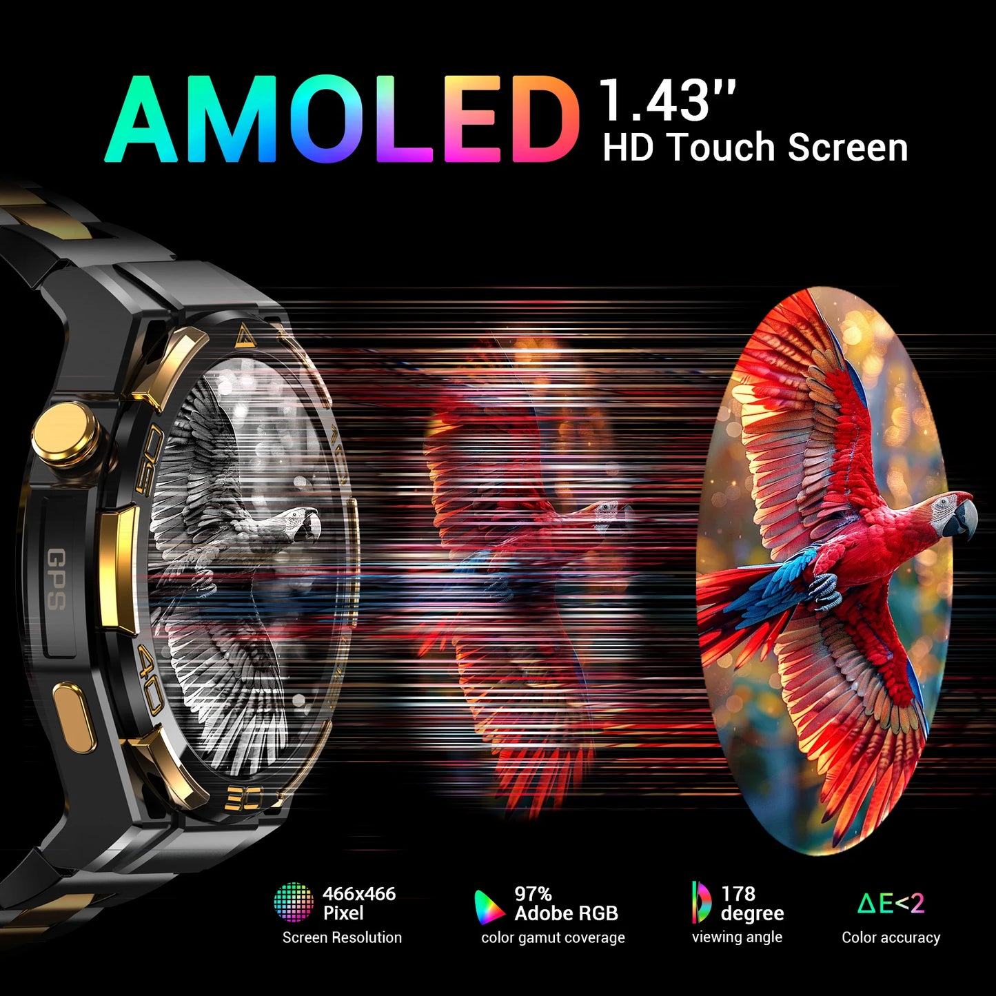 IOWODO 2026 New W90Pro GPS Smartwatch with Flashlight 1.43" HD AMOLED Display 900mAh Bluetooth Waterproof Watch for Men Women