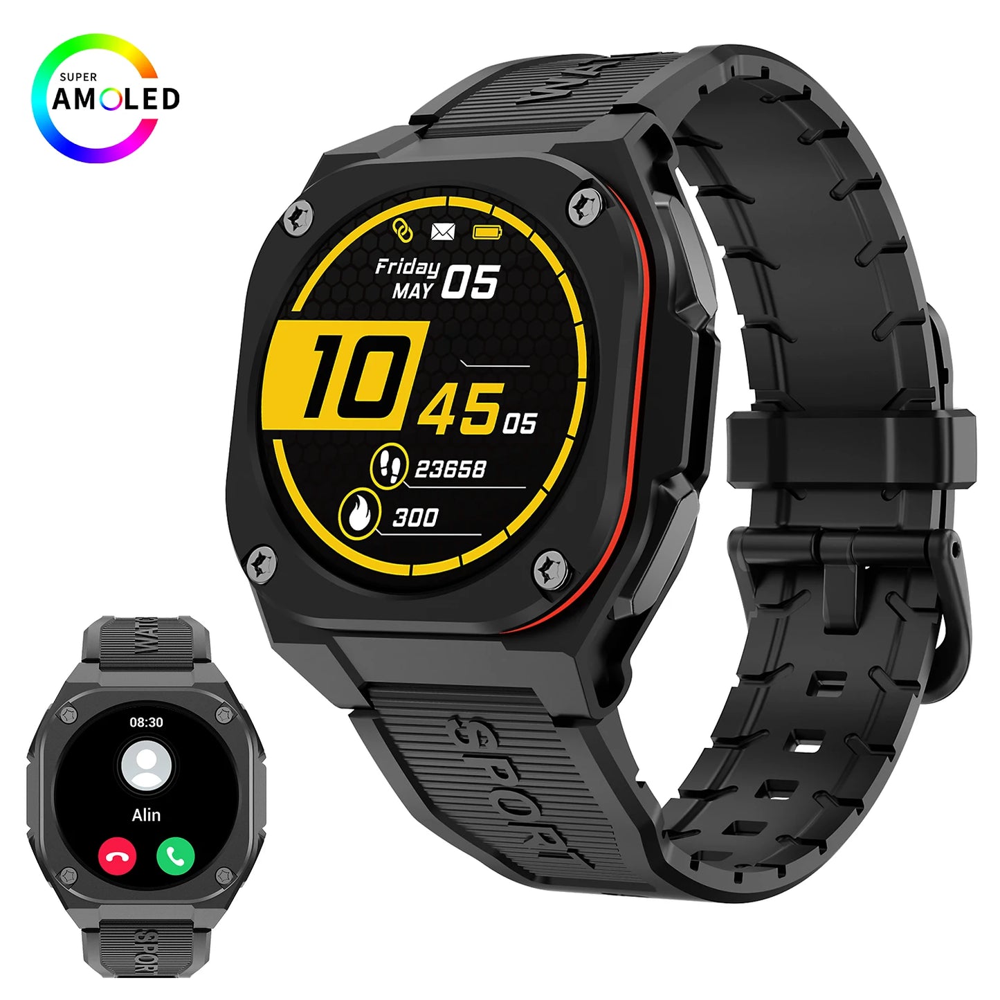 IP68 Waterproof AMOLED SCREEN Smart Sport Watch with 300mAh Battery Wireless Call for Man Woman