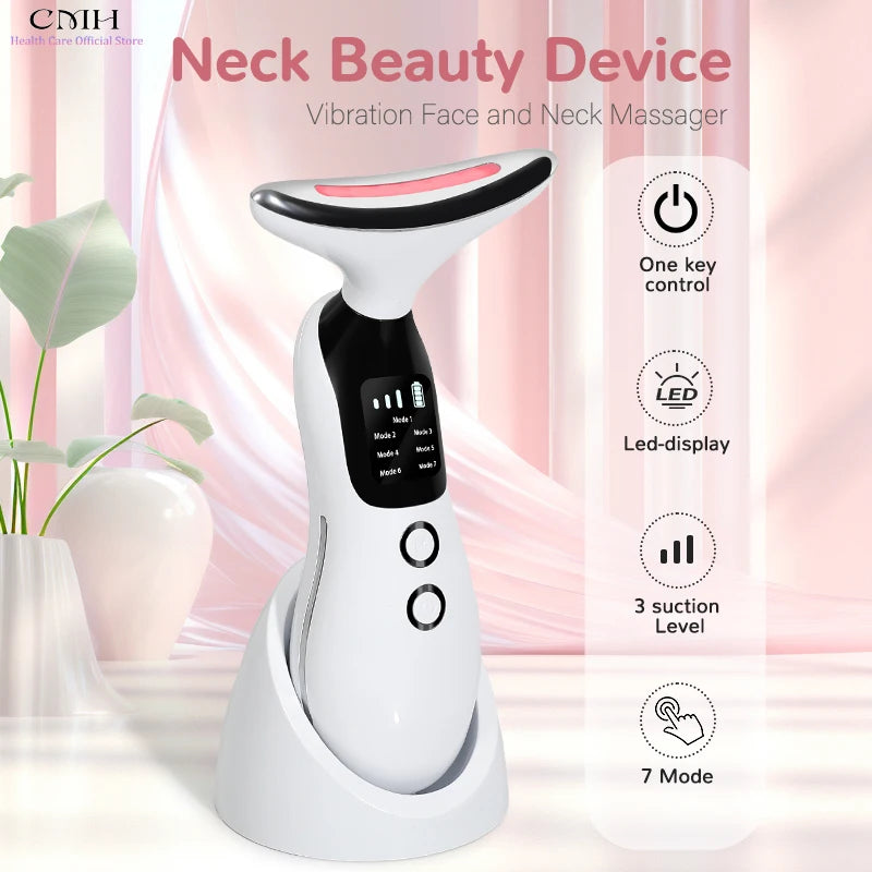 Neck Beauty Device 7 Modes 3 Suction Levels LED Therapy Microcurrent Anti Wrinkle Face Neck Massager for Skin Rejuvenation