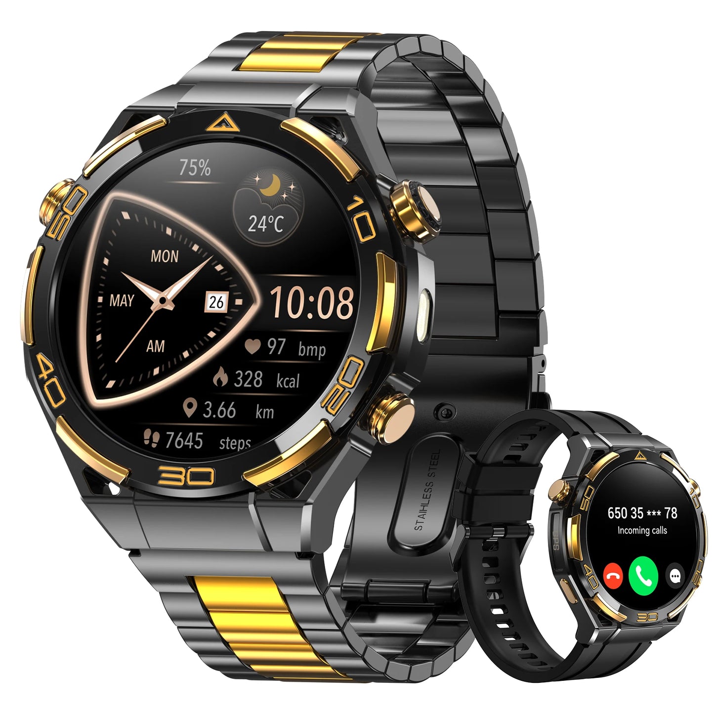 IOWODO 2026 New W90Pro GPS Smartwatch with Flashlight 1.43" HD AMOLED Display 900mAh Bluetooth Waterproof Watch for Men Women