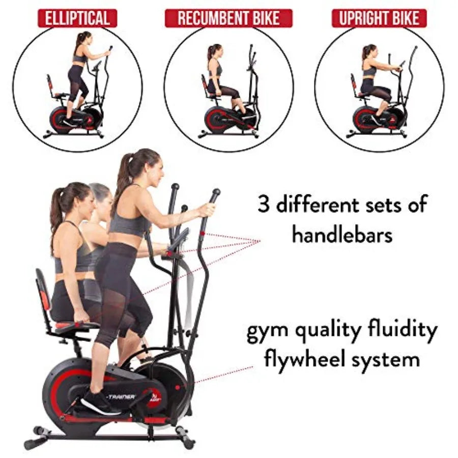 3 in 1 Exercise Machine with Seat Back Cushion Elliptical Upright Cycling and Reclined Bike Modes Digital Comp