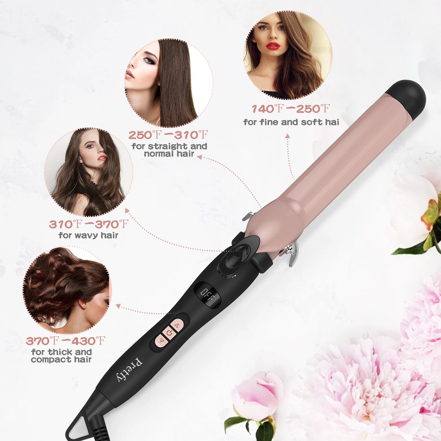 Pretfy 1.25inch Hair Curling Iron Hair Curler Temperature Adjustable LCD Temp Display Hair Styling Tool Anti-scald Auto Shut-Off
