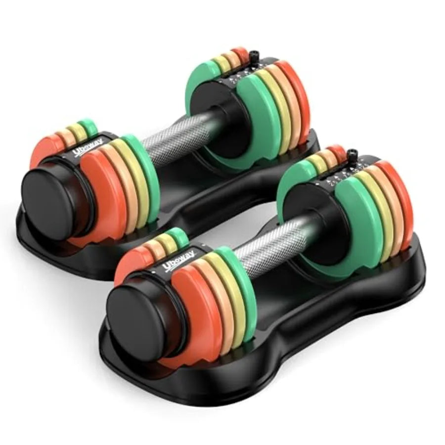 Uboway Adjustable Dumbbell Set: Pair Rainbow-colored Weights Plates Dumbbells 22.5 lbs with Storage Tray Non-Slip Metal Grip fo