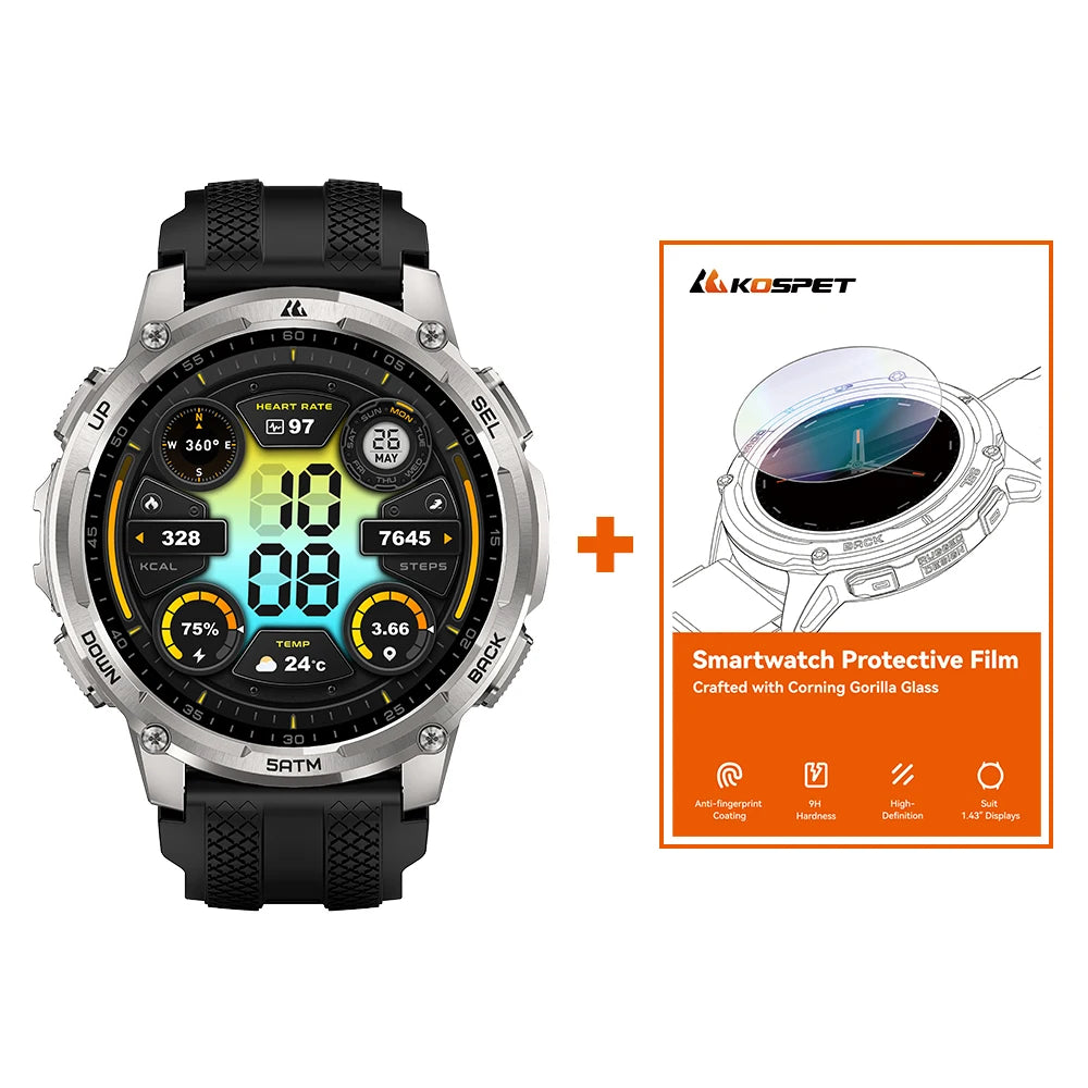 KOSPET TANK T4C Smartwatch Men’s Outdoor Rugged Watch with Flashlight Dual‑Band GPS 50M Waterproof Fitness & Health Tracker