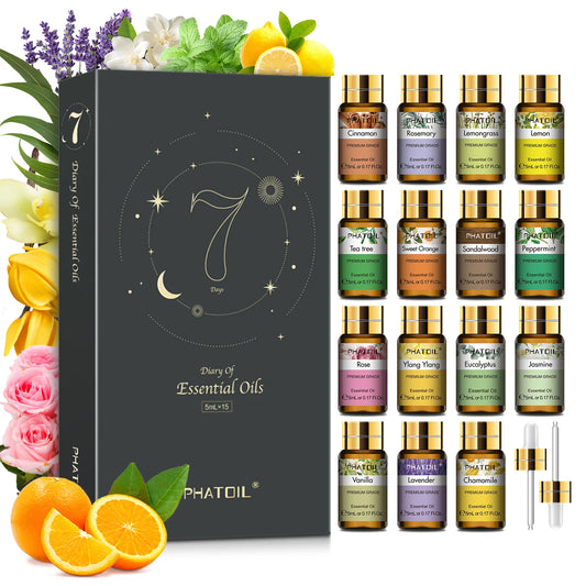 PHATOIL 15PCS Essential Oils Set-5ml Lavender Eucalyptus Peppermint Tea Tree Lemon Sweet Orange Jasmine Rose Aromatherapy Oils