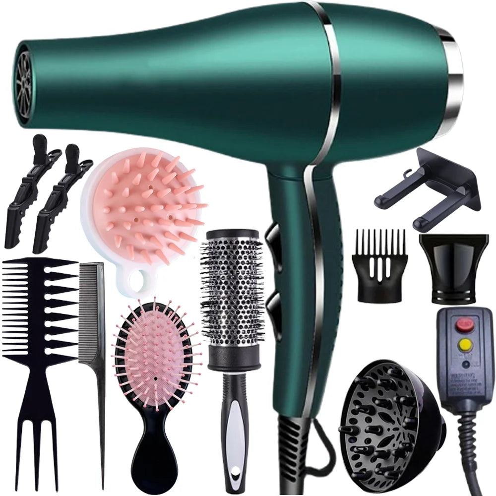 Morfone 12pcs-in-1 multiple accessory hair dryer. With accessories such as combs, hair clips, hair patches, air cushion combs, e